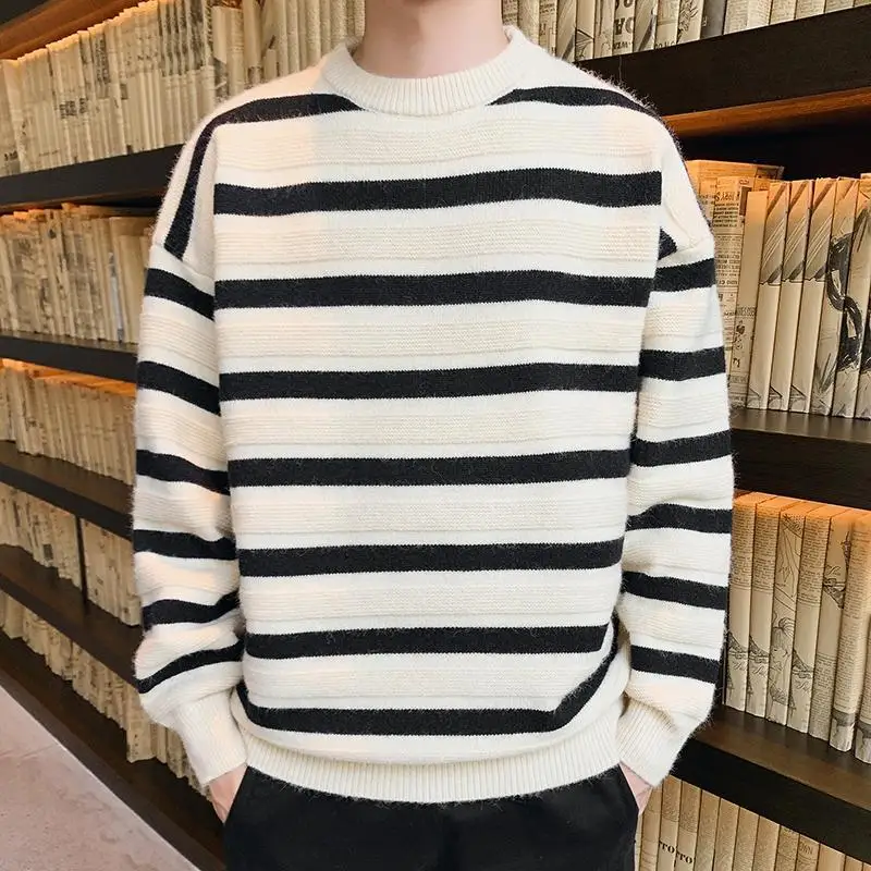 

Men's New Striped Sweater 2022 Autumn Winter Harajuku Pullover Long Sleeve Loose Mens Clothes Casual Round Neck Vintage Sweaters