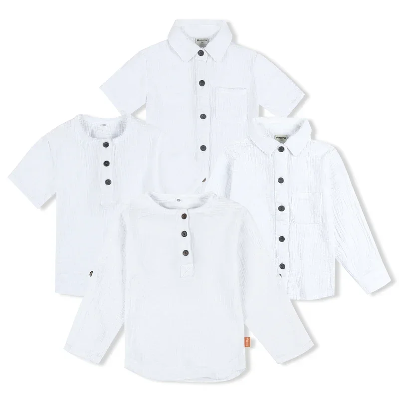Children T Shirt Linen Cotton Boys Girls Summer T-Shirts Toddler Button Blouse