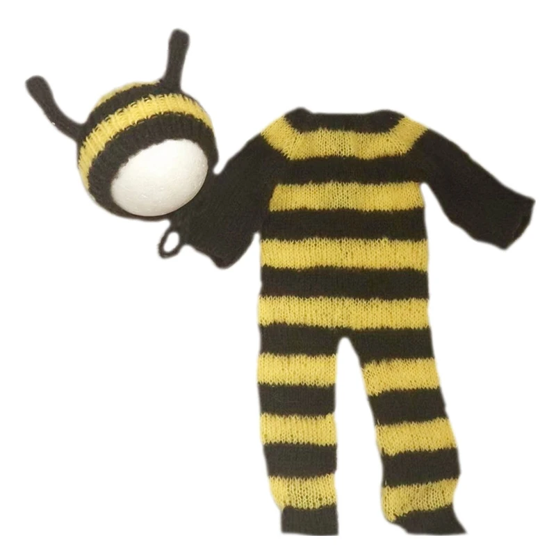 

2Pcs Newborn Photography Props Knitted Wool Bee Outfit Baby Romper Hat Set Infants Photo Shooting Jumpsuit Bodysuit