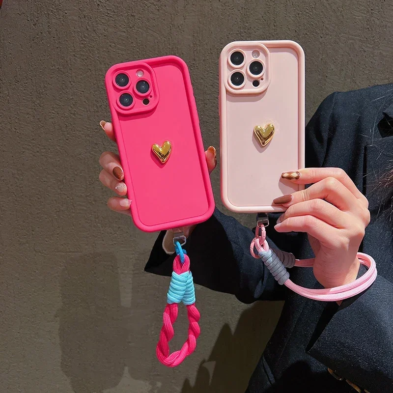 3D Gold Heart Soft Lanyard Rope Phone Case with Hand Strap Cover