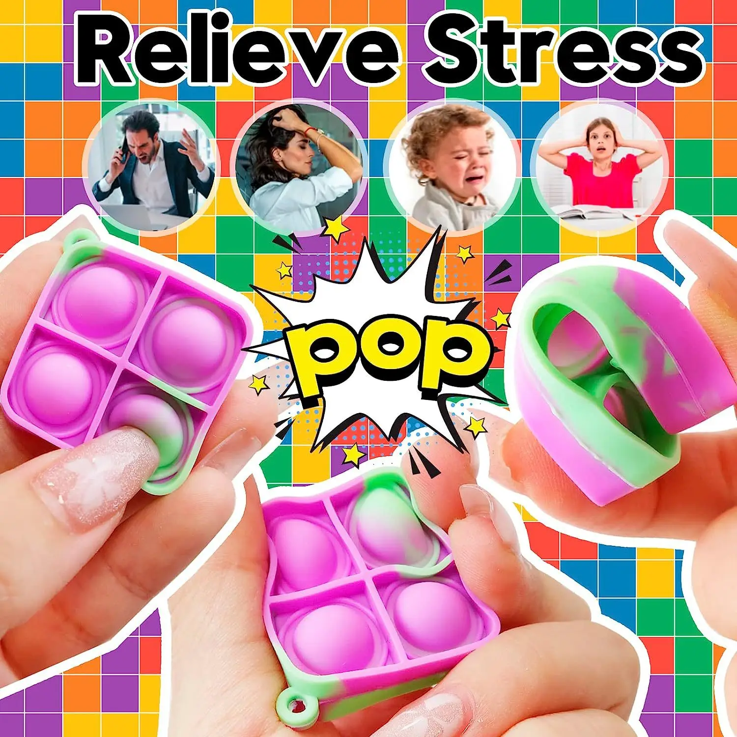 10-50PCS Mini Keychain Fidget Toy Bulk Push Stress Relief Square Key Ring Party Favors Office Desk Toy for Kids Adults