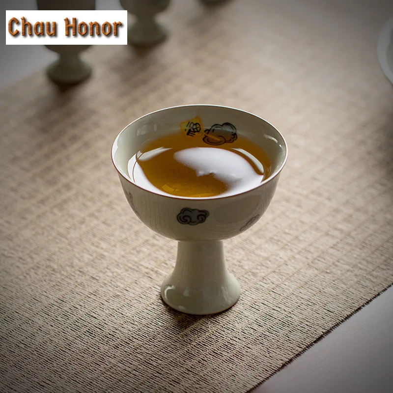 2pc/set 70ml Boutique Honey Galze Tiger Art Ceramic Tea Cups Chinese Style High Foot Master Cup Kung Fu Teaware New Years Gifts