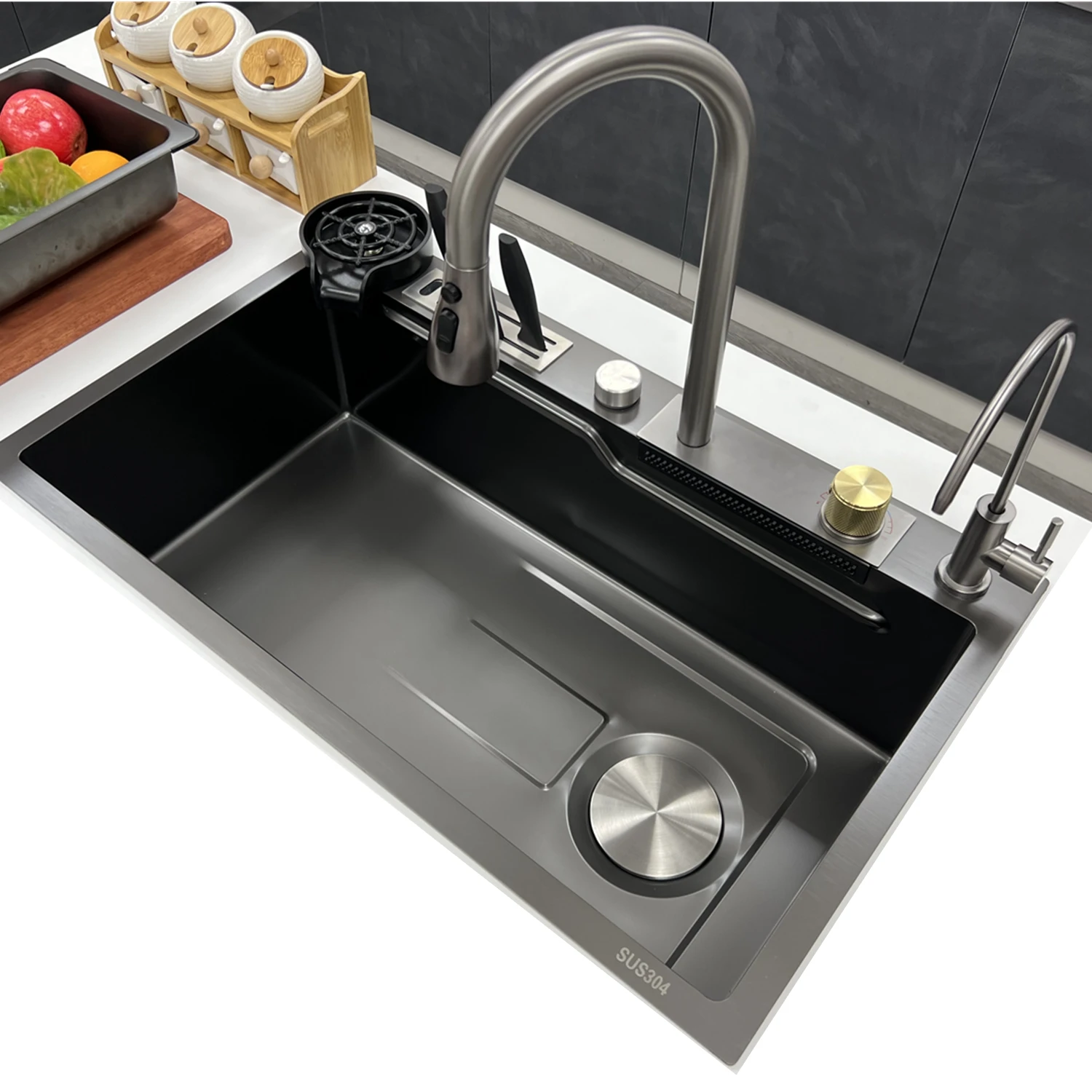 Kitchen Sink Feiyu Waterfall Sink 304 Stainless Steel Black with Cup Washer And Knife Holder Kitchen Household Washbasin