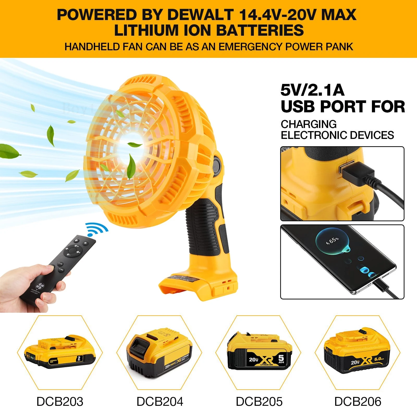 Cordless Fan for Dewalt 20V Battery Portable Camping Fan 3300RPM with LED Light 5V/2.1A USB Port For Outdoor Indoor Power Outage