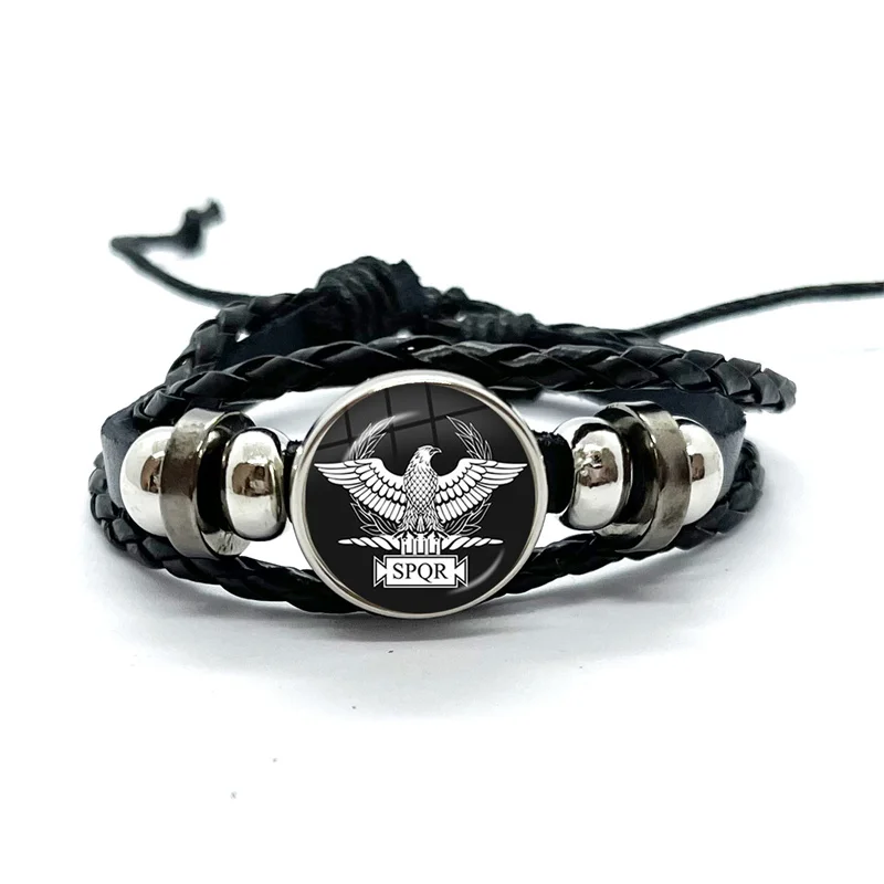 Spqr Roman Empire Legions Black Leather Bracelets Glass Dome Multilayer Braided Bangles Jewelry Gifts 2