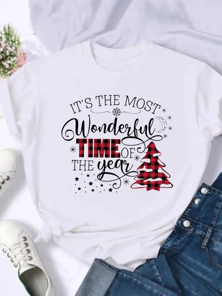 

New Year T-shirts Merry Christmas Women Holiday Shirt Plaid Letter Trend 90s Clothing Fashion Female Print T Top Graphic Tee