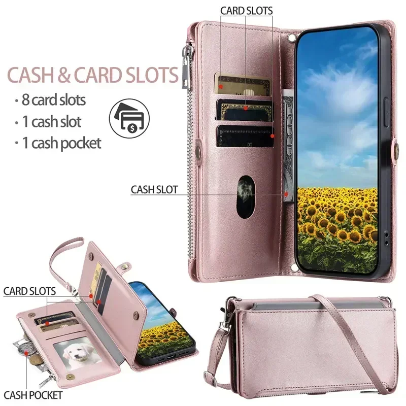 Deluxe Leather Flip Phone Case with Long Lanyard and Zipper Wallet Card Holder