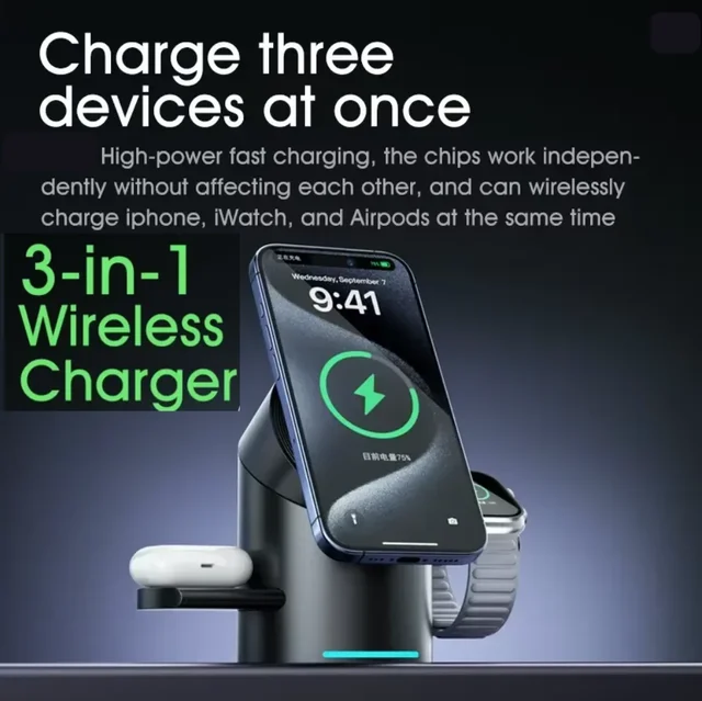 2026 Upgrade Qi2 3 In 1 Magnetic Touch Button Wireless Charger Tempered Glass Surface for IPhone17 16 15 IWatch Airpods Android