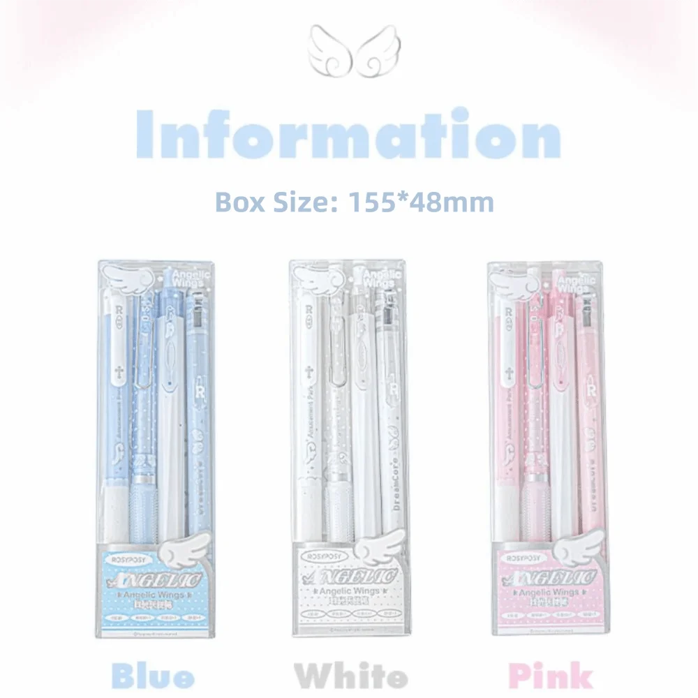4Pcs/Set 0.5mm Pearl Angel Gel Pen Set Soft Comfort Grip Gel Ink Black Ink Exam Pens Wing Design Smooth Writing