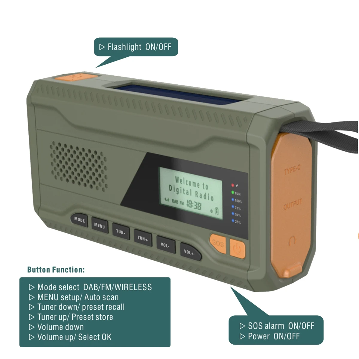 DAB/FM Bluetooth Radio Emergency Radio Built in 4500Mah Battery Portable Solar Hand Crank Receiver Outdoor NND