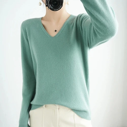 여성용 V넥 스웨터, 봄 가을 니트웨어, 긴팔 슬림 스웨터, 따뜻한 풀오버, 레이디 베이직 점퍼, 니트 보터밍 셔츠 4