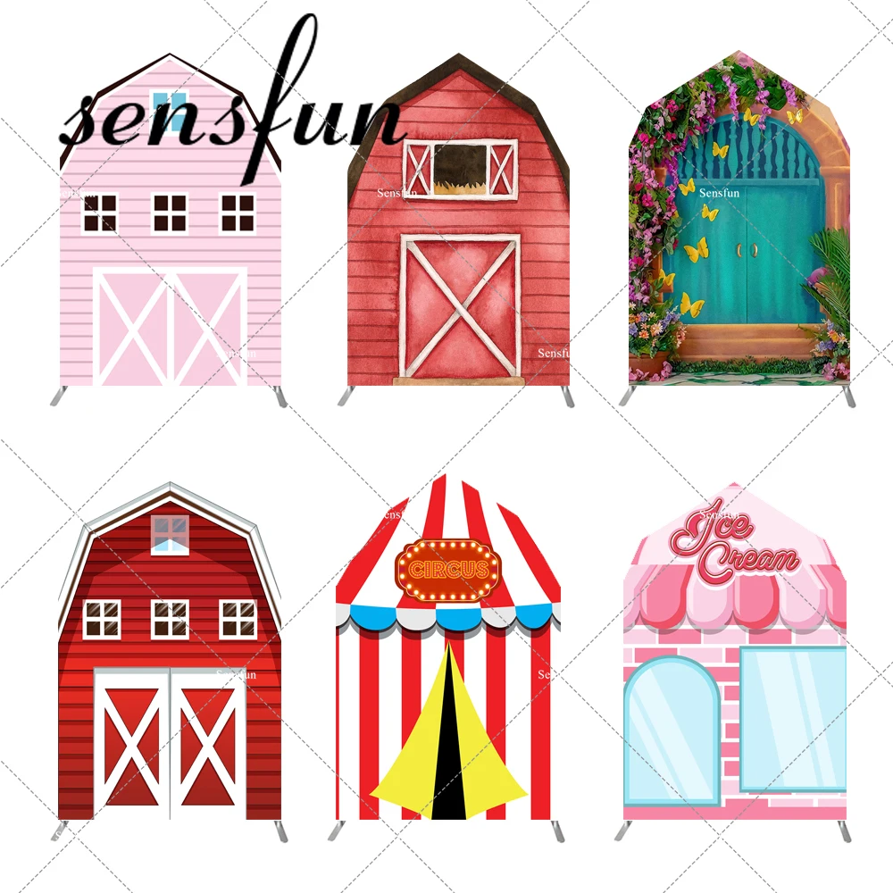 

6 Options 5x7.5ft Candy House Circus Farm Barn Shape Arch Wall Chiara Backdrop Cover Kids Birthday Party Decor Background