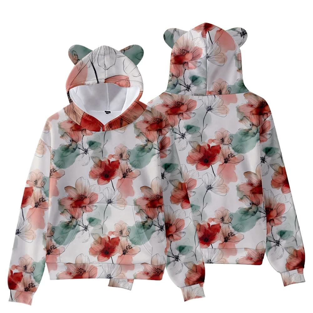 Damen-Sweatshirt mit süßem Katzenohren-Kapuzenpullover, 3D-buntes Blumendruck-Sweatshirt, Kawaii-Vogel-Design, böhmischer locker sitzender Pullover, warmes Kapuzenoberteil – Detail 16