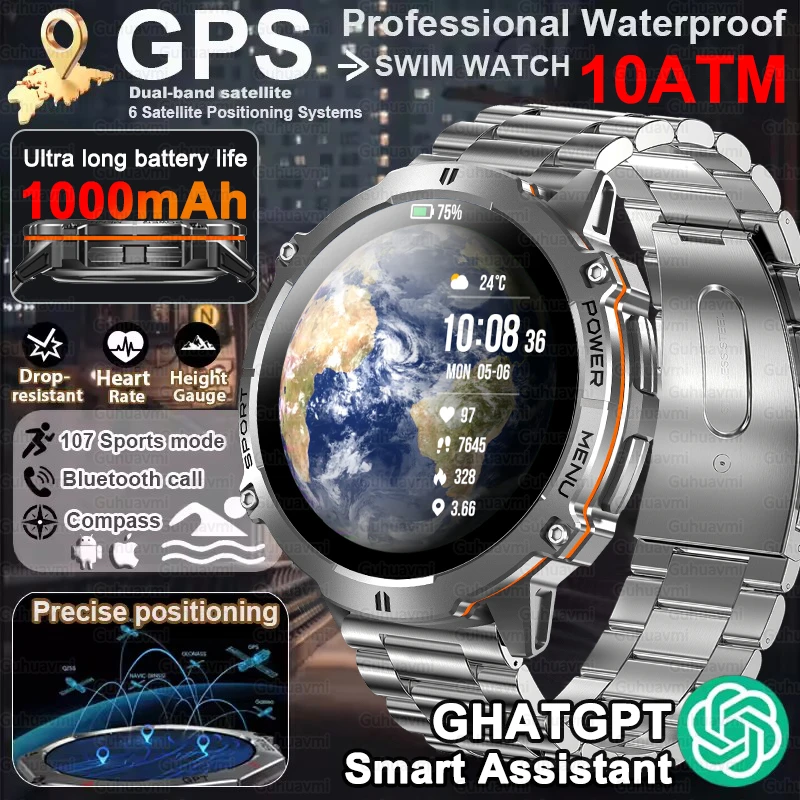2025 New Durable GPS Man Smartwatch 1000mAh Large Battery Compass Bluetooth Call 10ATM Waterproof Sports Watches For Men