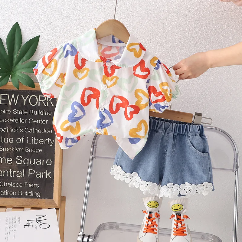 

Kids Summer Set 2024 Baby Girl Clothes 2 To 3 Years Heart Printed Turn-down Collar Short Sleeve T-shirts and Shorts Girls Suit