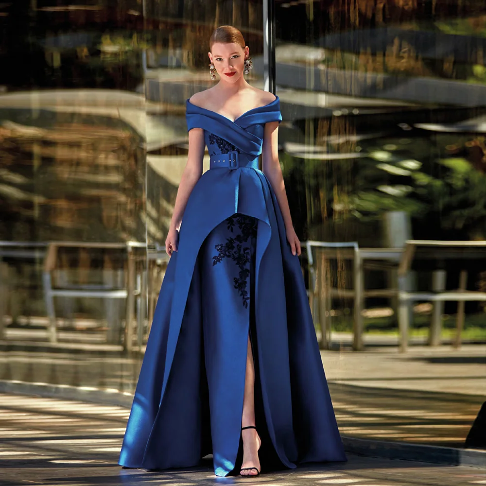 

Elegant Blue Mother of the Bride Dresses V Neck Short Sleeves Wedding Party Gowns Appliques Floor-Length Robe De Soirée Femme