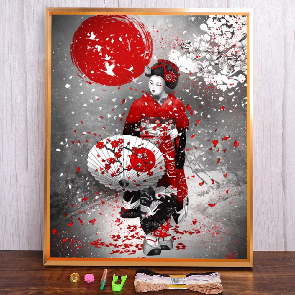 Japanische Geisha bedruckte Leinwand 11CT Kreuzstich Komplettset Stickerei Malerei Stricken Handarbeit Handarbeit Mulina Nadelschmuck – Detail 11