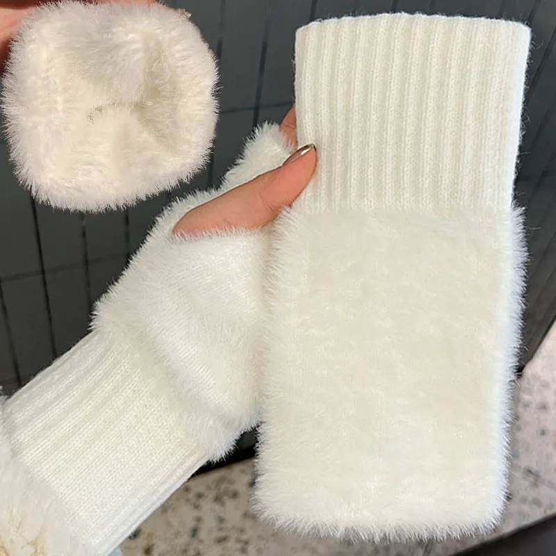 Winter Women's Mink Fleece Soft Half Finger Gloves Warm Luxury Solid White Plush Knitted Fingerless Glove Wrist Mittens Writting