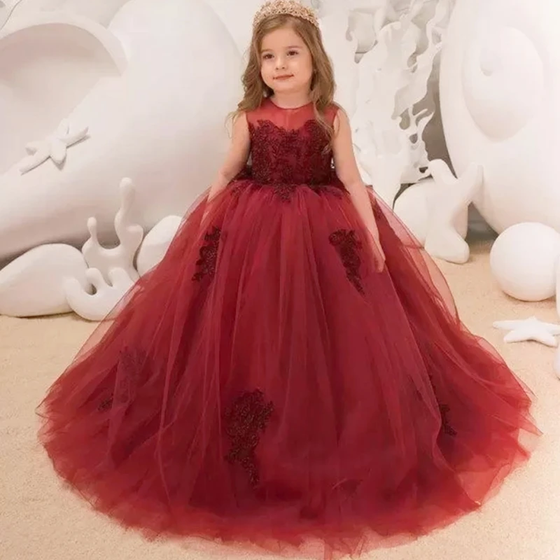 

Flower Girl Dress Red Fluffy Tulle Lace Beaded O-neck Sleeveless Wedding Elegant Flower Child's Eucharistic Birthday Party Dress