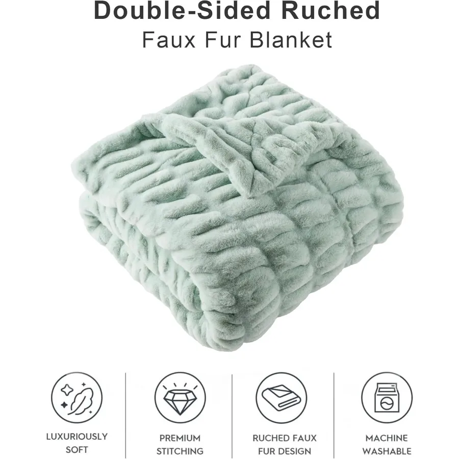 Luxury Faux Fur Throw Blanket for Couch Super Soft Warm Cozy Plush Mink Blanket Double Side Ruched Rabbit Fur Blanket for Bed S