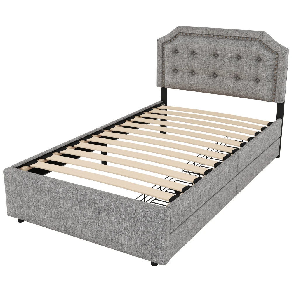 Elegantes gepolstertes Flachbett 90 x 200 cm – hellbeiges Bett mit Nietenverzierung, 2 Schubladen mit Stauraum, platzsparende Schlafzimmermöbel – Detail 32