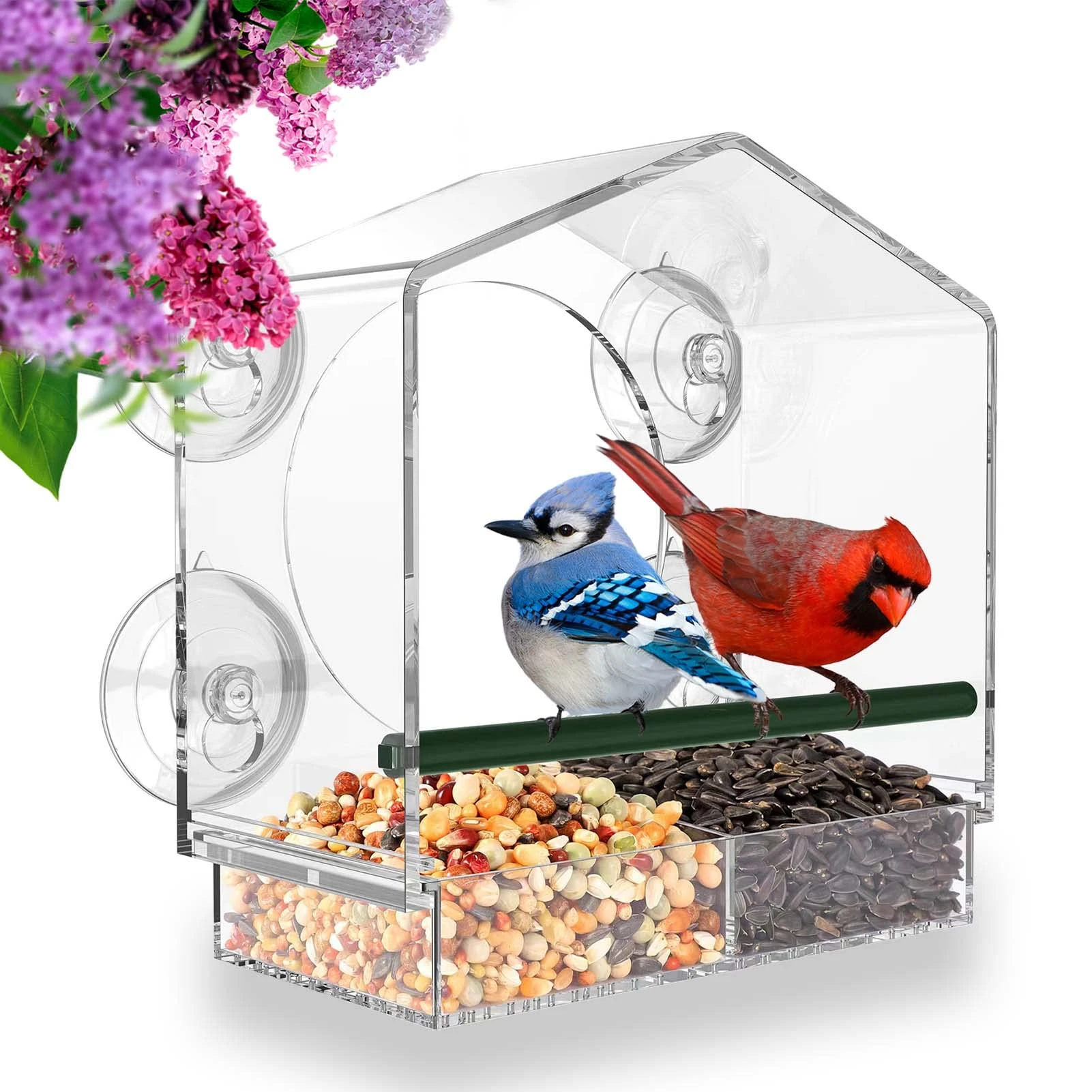 Window Bird Feeder Refillable Sliding Tray Outside Weather Rain