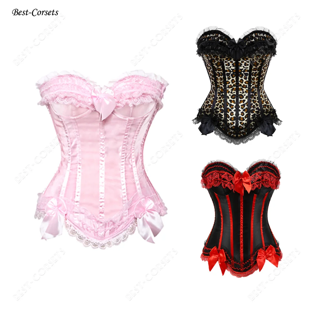 Sexy Pink Leopard & Lace Corset Bustier - Plus Size Gothic Floral Lingerie