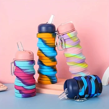 Collapsible Sports Water Bottle Food Grade Silicone Camouflage Cup Retractable Kettle for Outdoor Hiking Camping Cycling 480ml