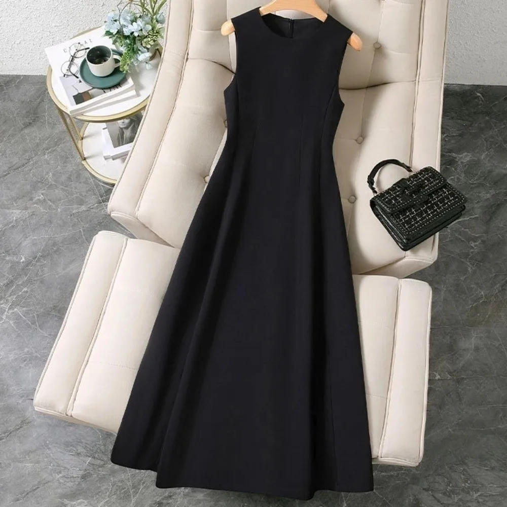 U Neck Sleeveless Long Dress Temperament Elegant Solid Color Long Skirt Long Sleeveless Vest Women Korean Dress Spring Autumn