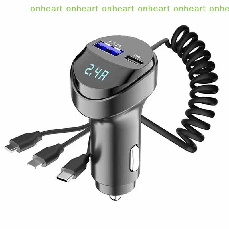 [C]2포트 USB 고속 차량용 휴대폰 충전기 3.1A 전압 디스플레이 차량용 3in1 USB 접이식 충전 케이블 (트럭, 자동차, 차량용)