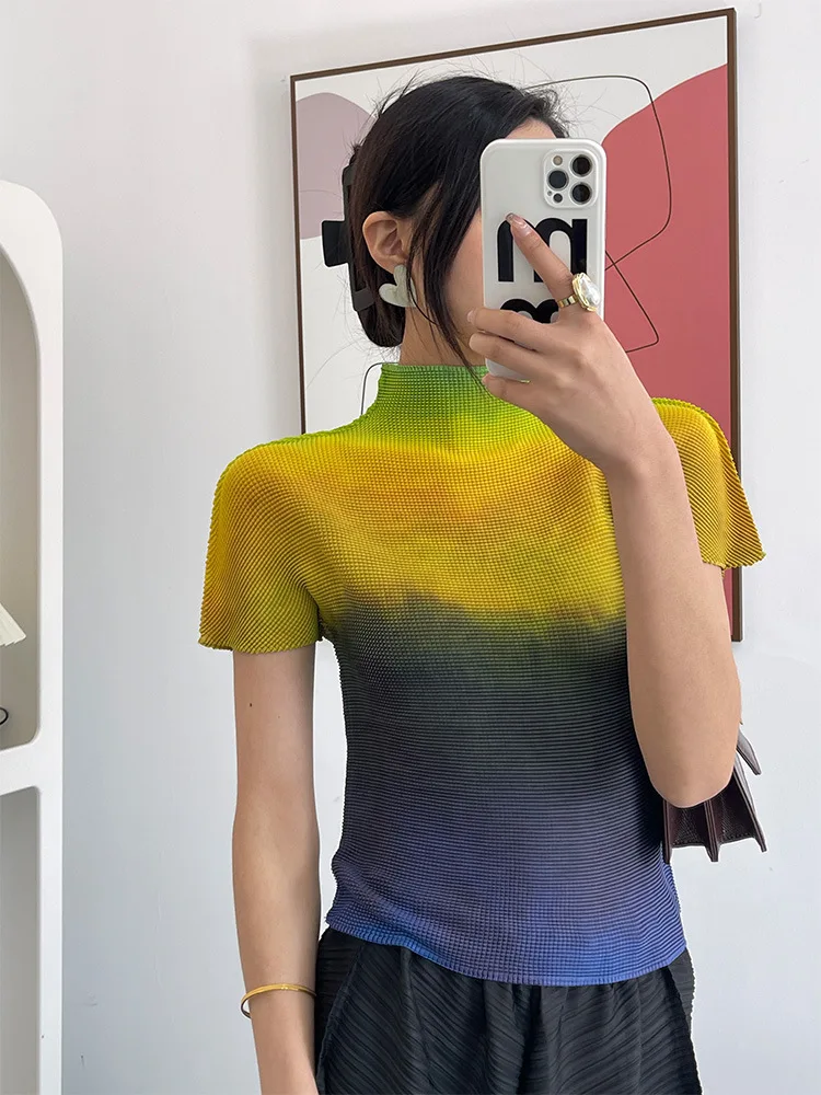 

2024 Summer New All-match T-shirt For Famale High Quality Thin Style Elastic Fabric Short Sleeve Tops Women Causal Pleated Top W