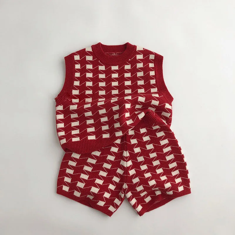 

Children's Knitted Sweater Two Two Piece Set Spring Autumn Plaited Tank Top And Knitted Short Set Christmas And New Year Red Set