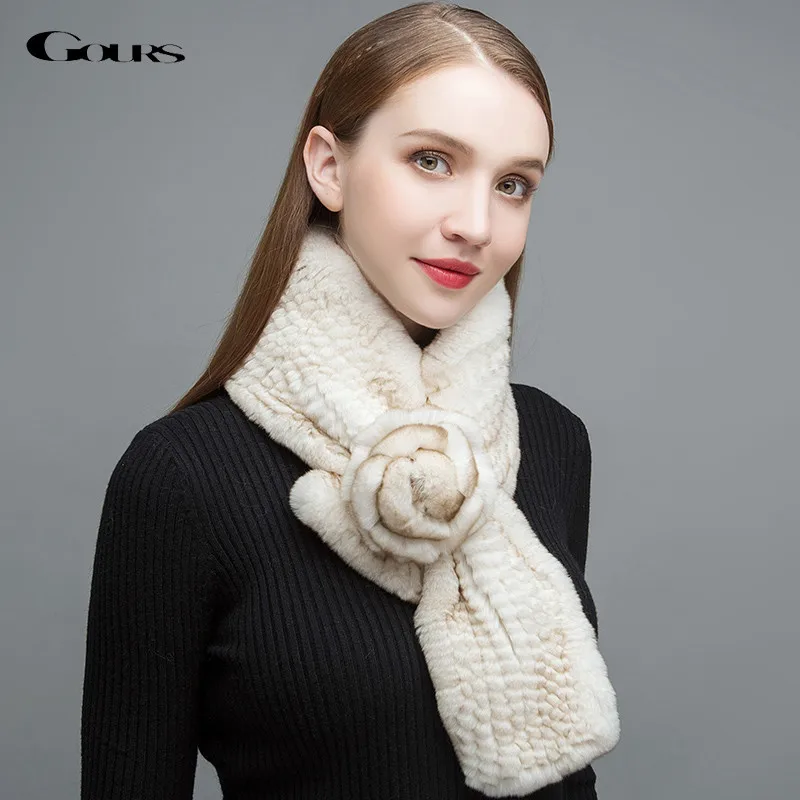 Gours Women Real Fur Scarf High Quality Natural Rex Rabbit Fur Scarves Thick Warm Winter Fashion Big Floral New Arrival GLWJ018