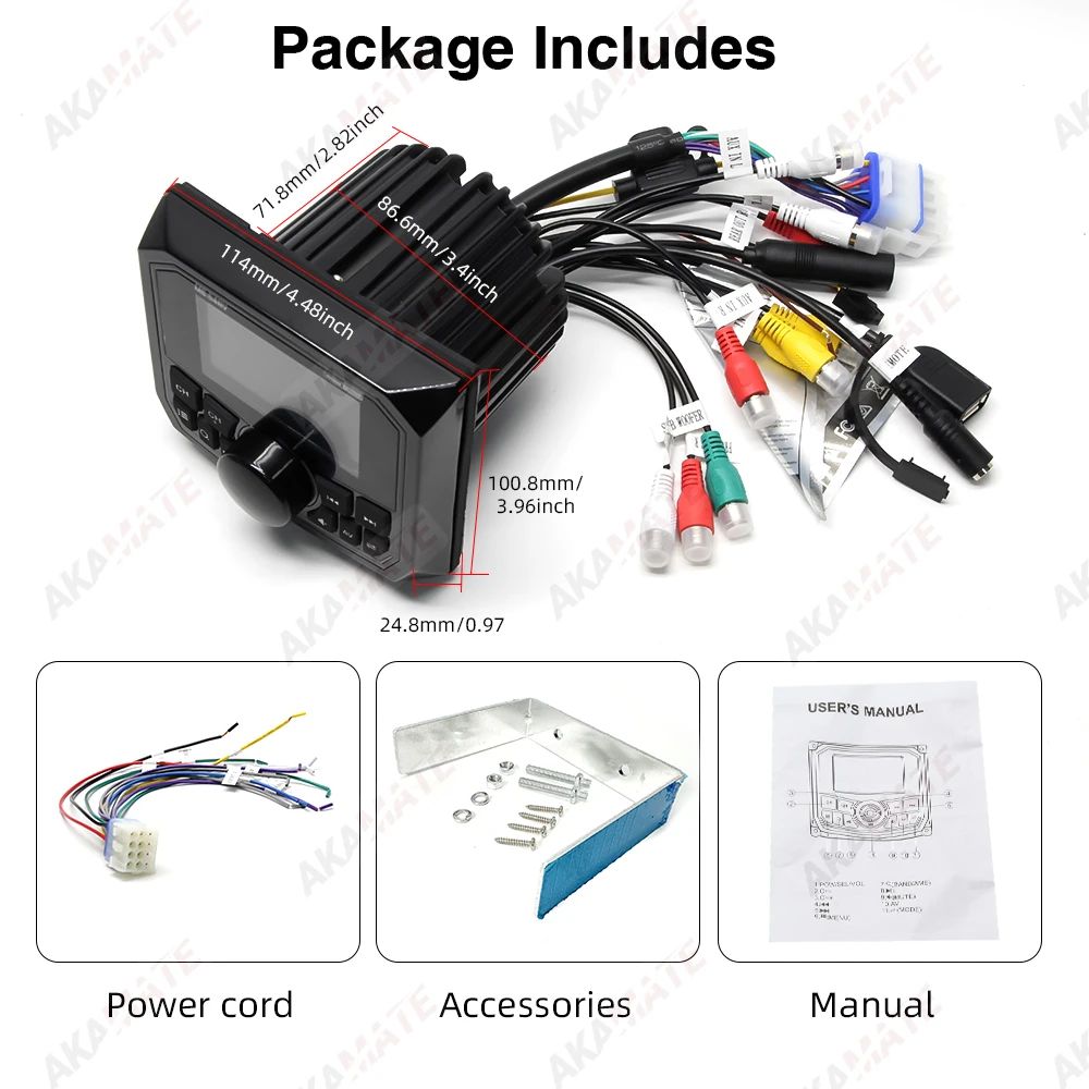 MP5 Boat Radio Bluetooth FM AM EQ Marine Stereo Waterproof IPX5 AUX Square Black Universal Media Player for RV UTV ATV SPA RZR