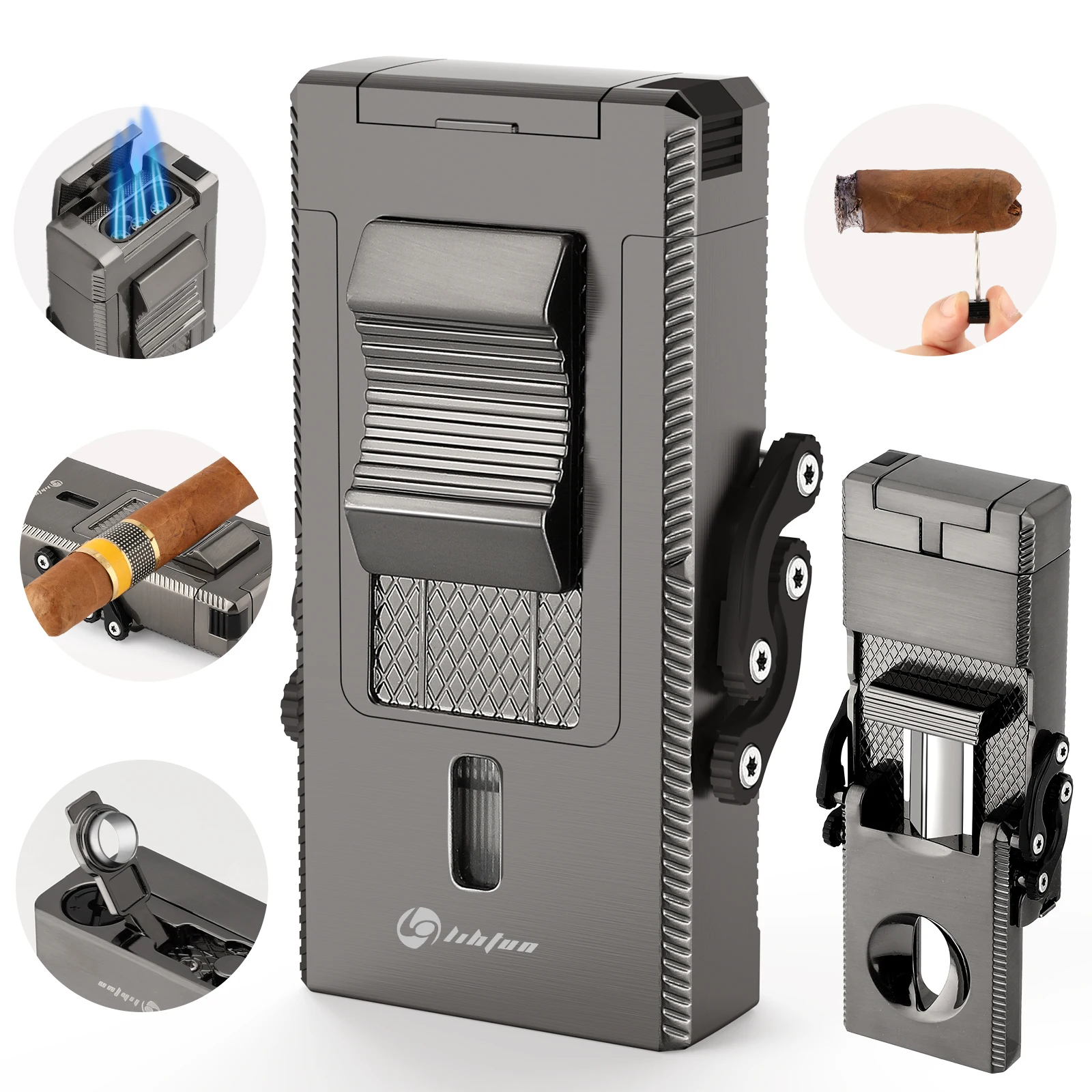 Cigar Lighter, Multifunctional Torch Butane Lighter Built-in Cigar Holder Draw Enhancer Punch Gift for Men