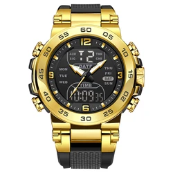 FOXBOX Luxury LED Digital Waterproof Men's Watch with Alarm and Dual Time Display (Gold Black)