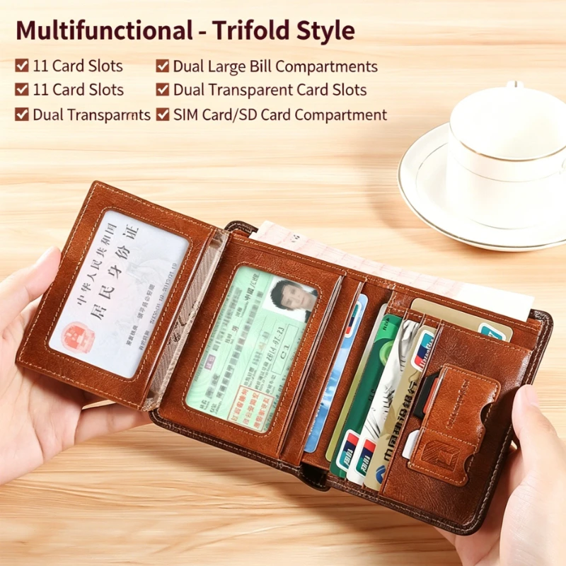 Premium Genuine Leather RFID Blocking Trifold Men's Wallet with ID Window and Card Holder