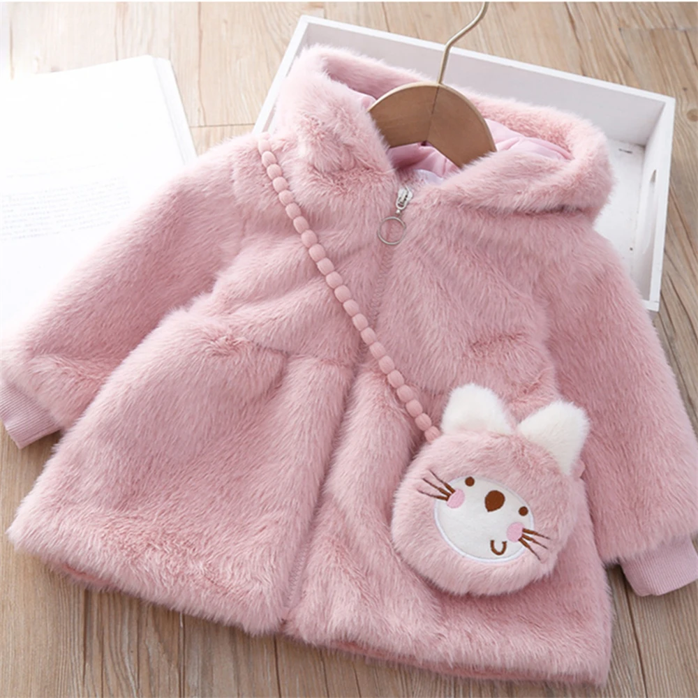 Baby Girl Winter Children'S Clothing Wool Sweater Jacket Girls' Solid Color Warm And Cute Daily Jacket+Cartoon Bag 2 Ps