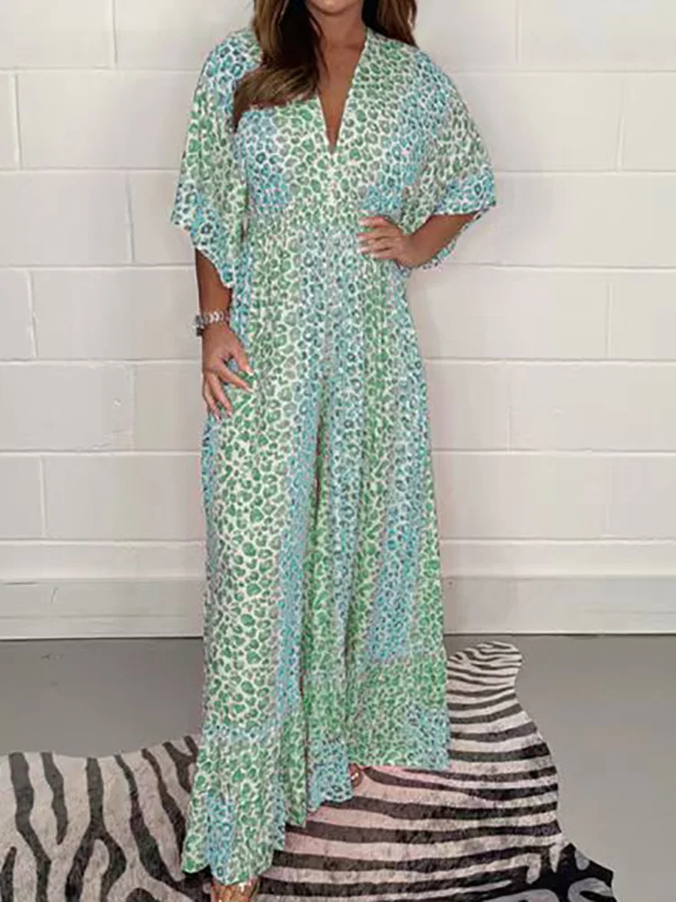 

Spring Summer Lace-Up Jumpsuits Women Elegant Half Sleeve Deep V-Neck Loungewear Bodysuits Print Wide Leg Pants Ladies Playsuits