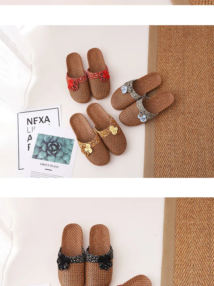 2022 New Linen Slippers Women Summer Bamboo Mats Home Slippers Wooden Floor Shoes Women Eva Soft Sole Beach Slippers Shoes Women
