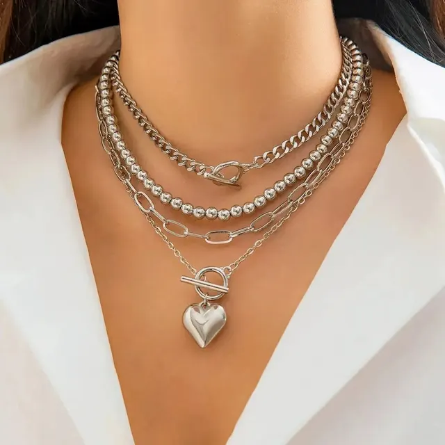 4Pcs/Set Punk Gold Color Heart Pendant Necklace 3