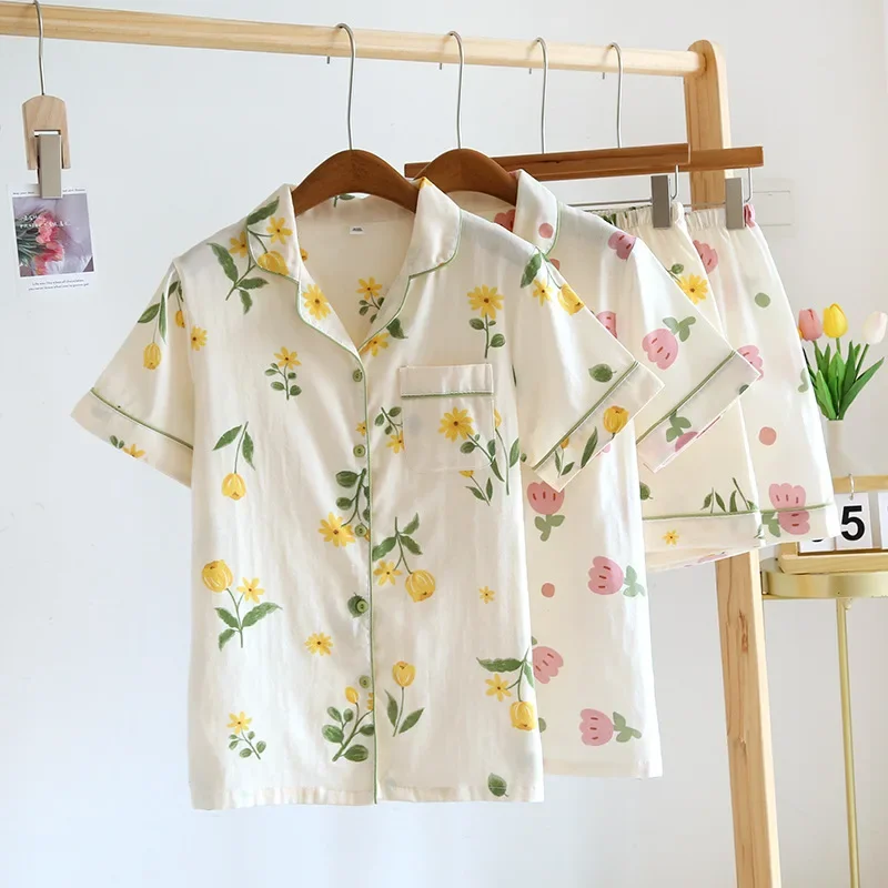 

Shorts Pajamas Set for Women's Nightwear Cotton Short-sleeved Cardigan Sleep Tops with Shorts Thin Summer Nightwear Suits