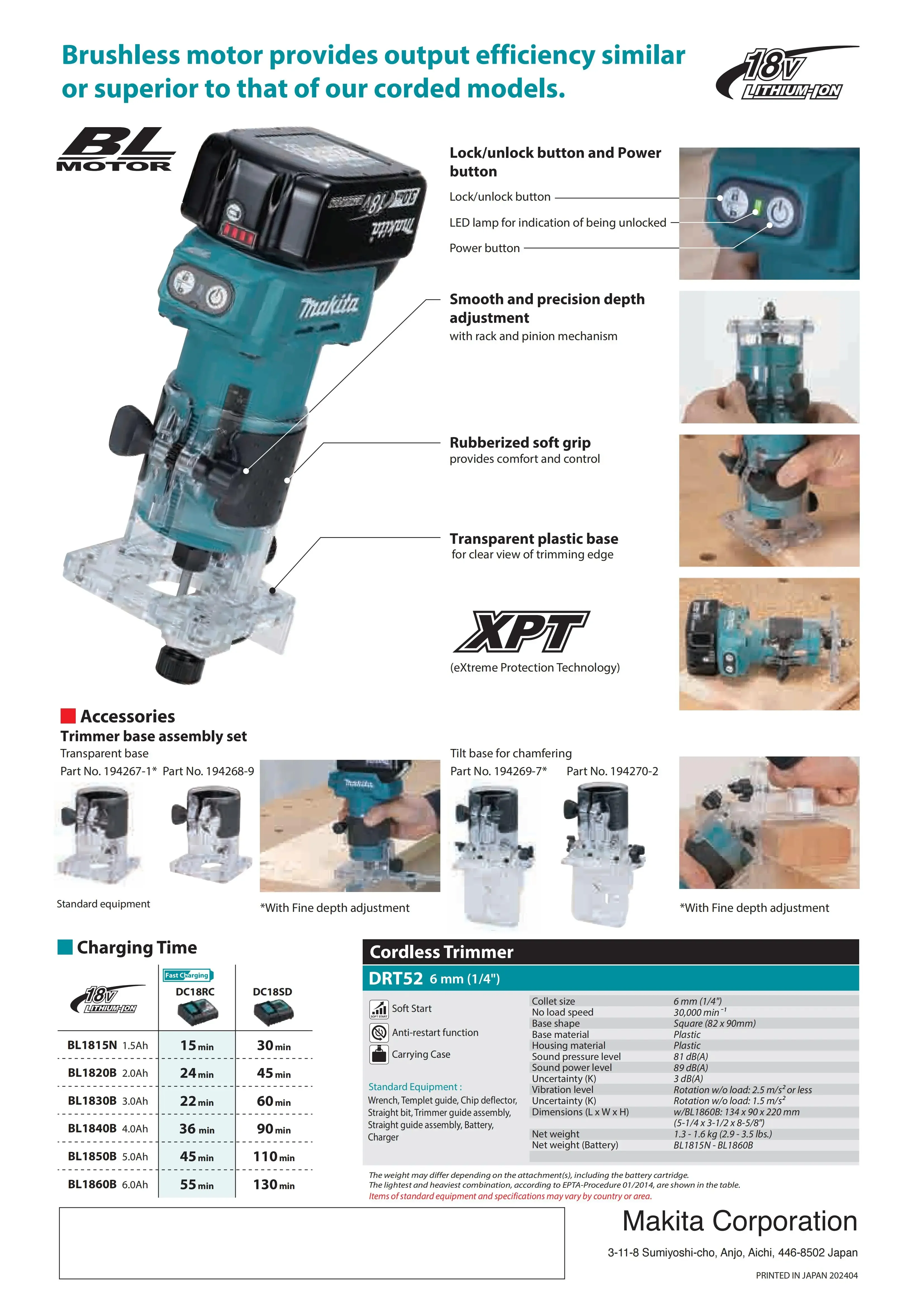 Makita DRT52Z 18V LXT 6.35mm (&frac14;") Brushless Cordless Laminate Trimmer 18V Lithium Power Tools