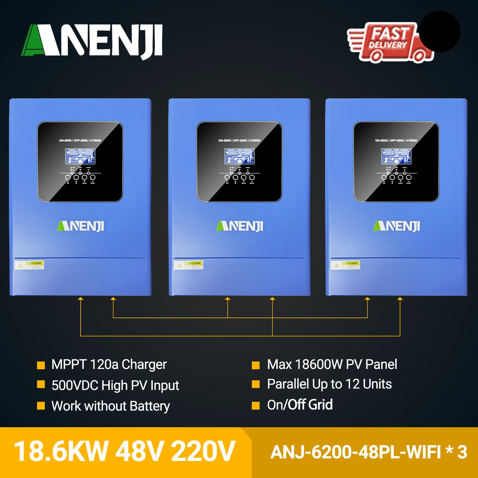 อินเวอร์เตอร์พลังงานแสงอาทิตย์ ANENJI 18.6KW 48V แบบเชื่อมต่อระบบไฟฟ้า 12 เครื่องเชื่อมต่อแบบขนาน คลื่นไซน์บริสุทธิ์ MPPT 120A พร้อม WiFi อินเวอร์เตอร์ไฮบริดสำหรับแผงโซลาร์เซลล์ 1