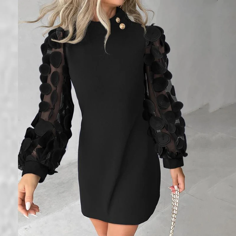 

2023 Fashion Mesh Lantern Sleeve Party Dress Casual Solid Color Commuting Dress Elegant Women O-neck Straight Mini Dress Vestido