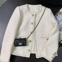 Spring Autumn Hot Sale Of The Season Korean Style Beige French Short Coat Women's Thickened Tweed Jacket Crew Neck Loose Fit Ele
