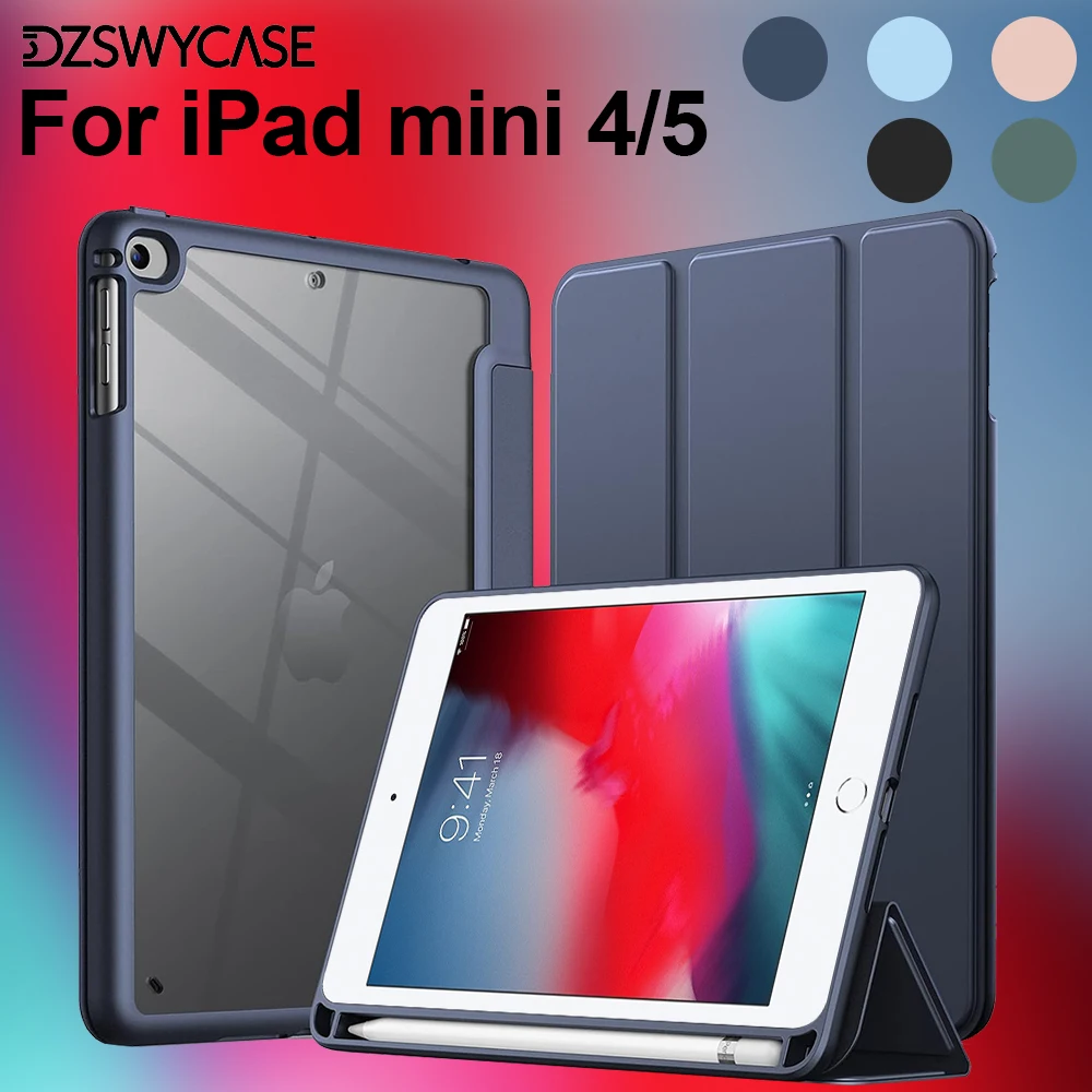 Clear Transparent Back Slim Stand Case with Pencil Holder for 7.9-Inch Tablets, Anti-Shock Protective Cover