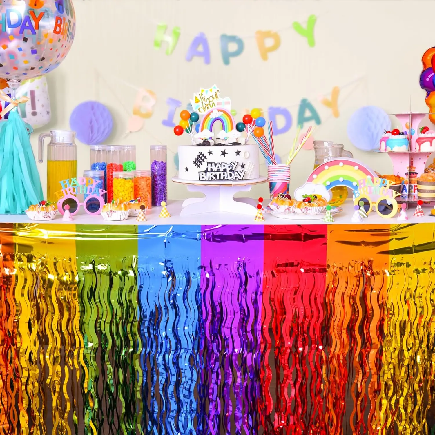Wavy Metallic Tinsel Foil Fringe Rainbow Table Skirts Table Decors for Birthday Wedding Bridal Shower Unicorn Pride Party Decor Party Supplies Party Decoration Tinsel Fringe Curtains Tinsel Fringe Curtain Fringe Curtain