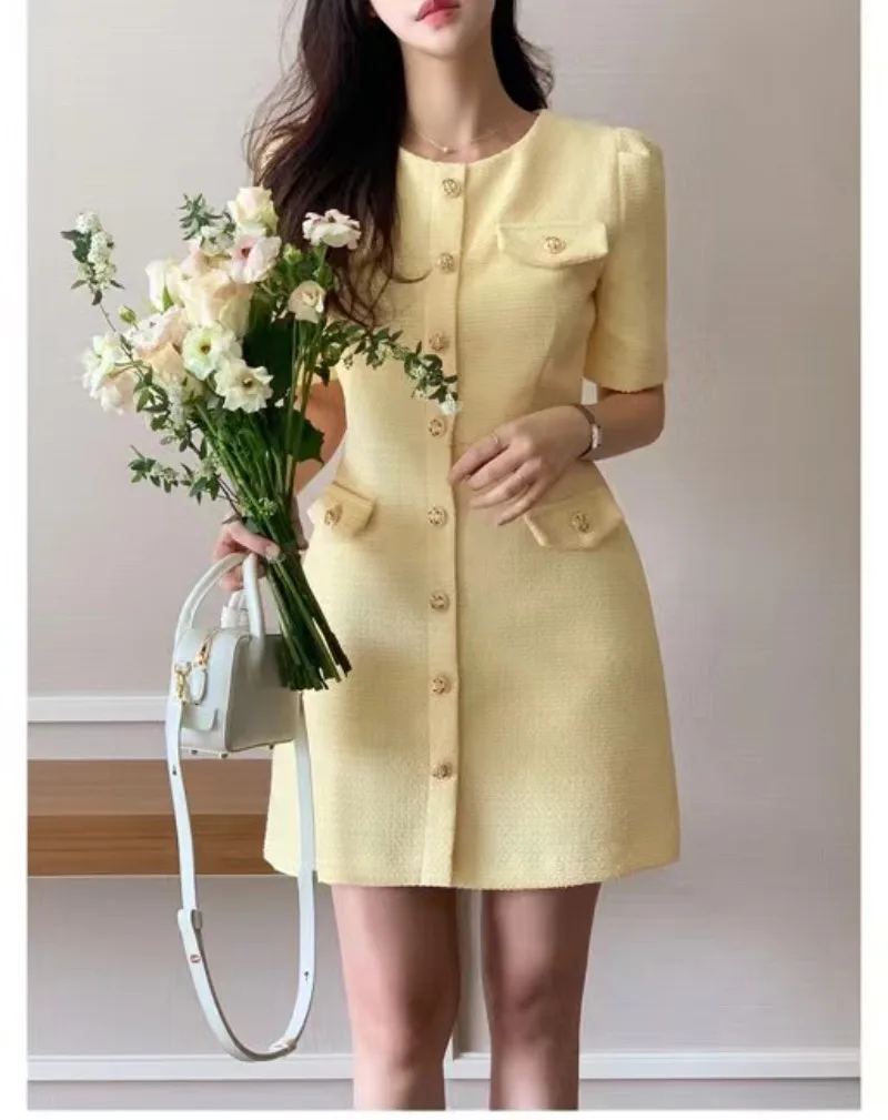 

New Korean Fashoin Elegant Tweed Dress Women Summer Small Fragrance O-neck Short Sleeve Single Breasted Mini Dresses Vestidos