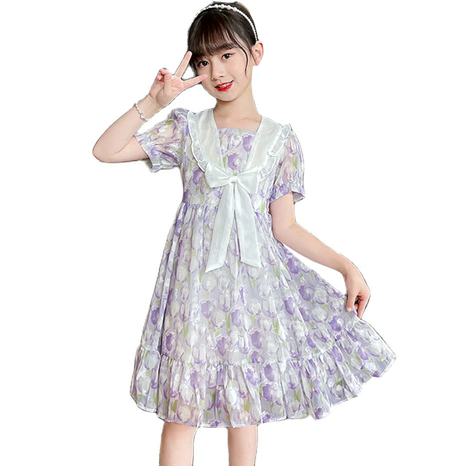 Girls Summer Dress Floral Pattern Girl Dress Big Bow Dress Kids Casual